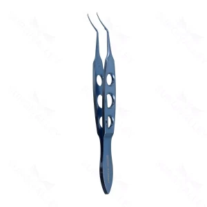 Utrata Capsulorrhexis Forceps Very Del Angled/Vaulted 12mm from bend to tip 3-Hole Flat Handle 90mm OAL Titanium