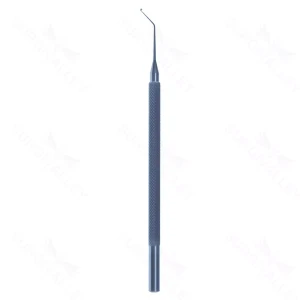 McIntyre irrigating iris hook 23 gauge angled 60º 10.0mm bend to tip 1.0mm iris hook tip, front opening 16.5mm overall length excluding hub – surgivalley (002210256)