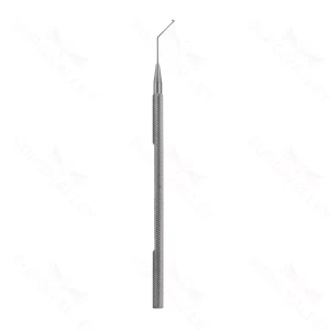D&K Iris repositor 4 3/4" angled shaft 0.45mm x 25.0mm thick tip, highly polished internal face of tip round handle titanium – surgivalley (002210255)