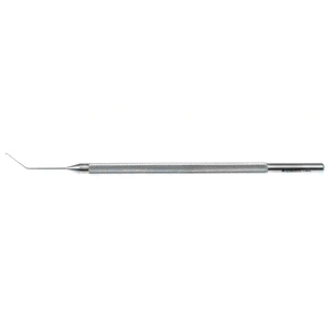 Fenzl lens manipulating hook 4 1/2" angled shaft 10.0mm from bend to tip 0.2mm diameter T-shaped tip round handle – surgivalley (005040011)