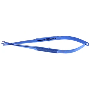 Suh strabismus needle holder 5 1/2" double angled 0.95mm wide TC dusted jaws round handle with universal lock titanium – surgivalley (003040063)